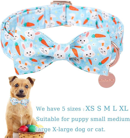 Easter Dog Collar with Bow Tie, Cotton Easter Carrot Bowtie Collar for Large Girl Boy Dog, Cute Bunny Pet Collar with Metal Buckle, Easter Gift Dog Collar, XL