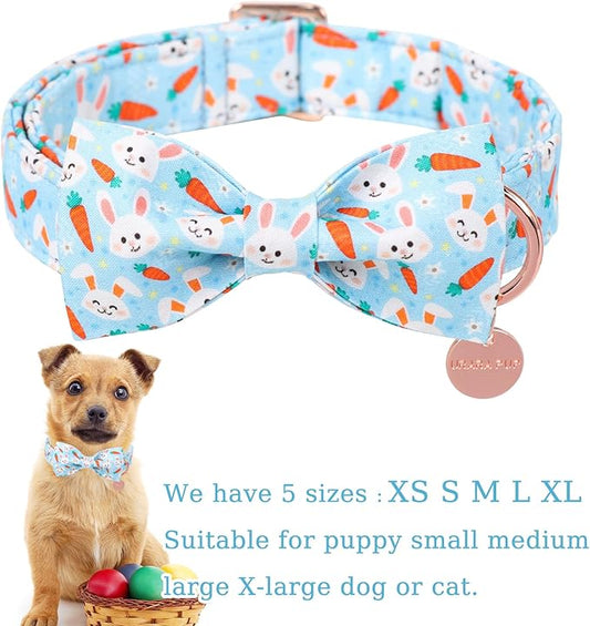 Easter Dog Collar with Bow Tie, Cotton Easter Carrot Bowtie Collar for Large Girl Boy Dog, Cute Bunny Pet Collar with Metal Buckle, Easter Gift Dog Collar, XL