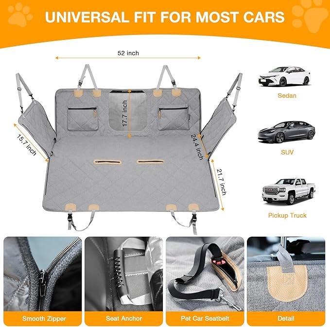 COMPAWNY Dog Car Seat Cover, Hard-Bottom Back Seat Extender for Pets, Waterproof Nonslip Hammock for Car, Backseat Dog Bed for Cars SUVs Trucks, Car Seat Protector, Universal Fit 52 x 25 in, Grey