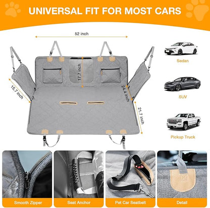 COMPAWNY Dog Car Seat Cover, Hard-Bottom Back Seat Extender for Pets, Waterproof Nonslip Hammock for Car, Backseat Dog Bed for Cars SUVs Trucks, Car Seat Protector, Universal Fit 52 x 25 in, Grey