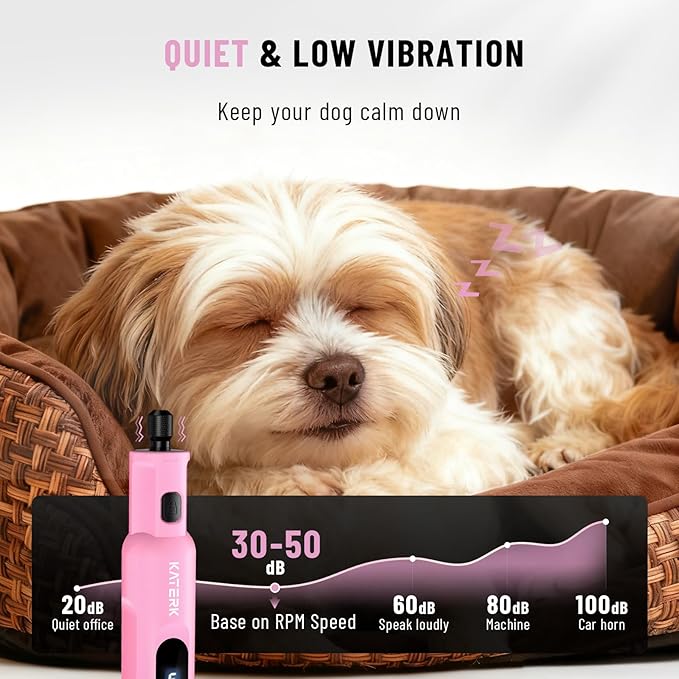 Katerk Pet Dog Nail Grinder - 5 Speed Quiet Electric Dog Nail Trimmer with 360°LED Light, 2500mAh Rechargeable, 32PCS Cordless Rotary Tool for Small Medium Large Dogs & DIY Sanding, Carving (Pink)