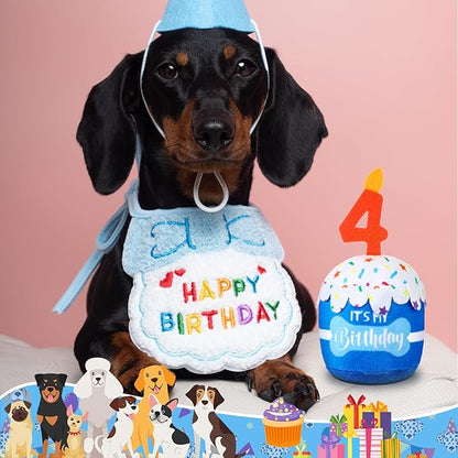 Dog Birthday Cake Toy Accessories for Girl Boy Gifts, Squeaky Plush Toy for Dog Birthday Party Decor Favor for Large, Medium and Small Dogs(4th,Blue)