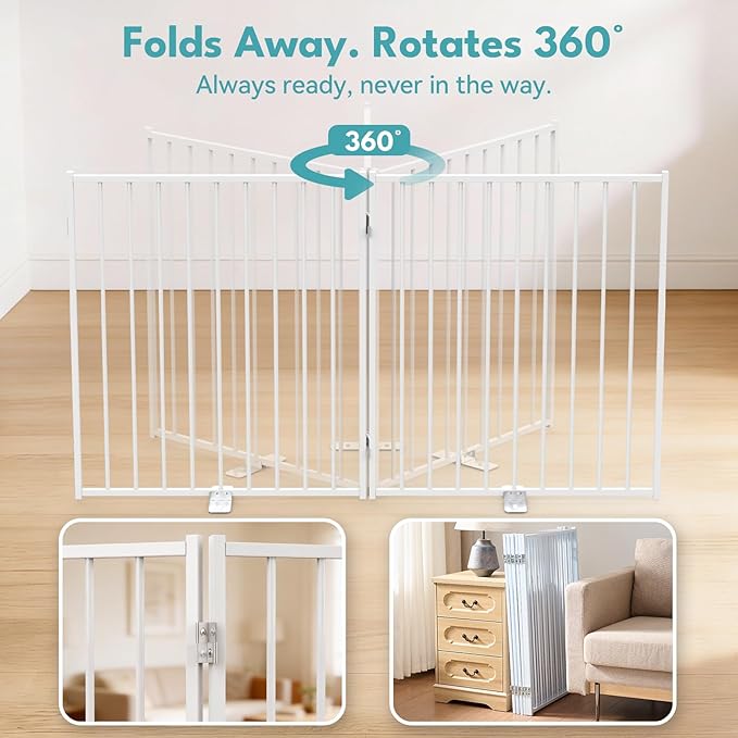 No Pawblems Free Standing Dog Gate with Door, 30'' Tall Foldable Dog Fence for Indoor & Outdoor, Up to 208 Inch Extra Wide Puppy Gate for Stairs, Hallways, Doorways, Deck, Yard (White, 8 Panels)
