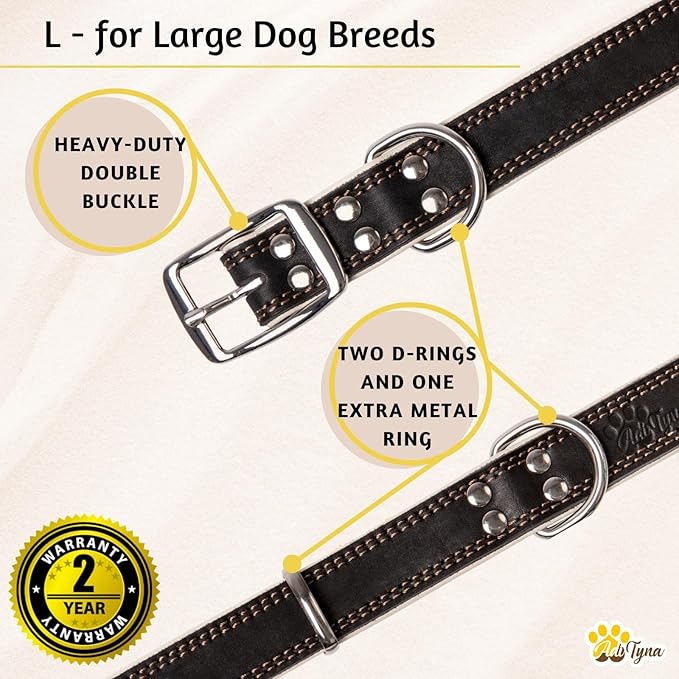 ADITYNA Heavy-Duty Black Leather Dog Collar for Large Dogs - Soft Padded for Comfort - Large Dog Collar for Walking, Training, and Hiking