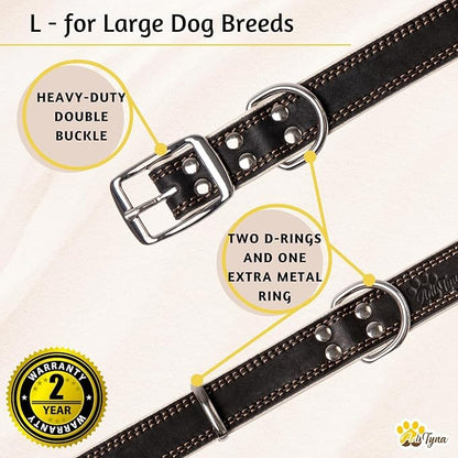 ADITYNA Heavy-Duty Black Leather Dog Collar for Large Dogs - Soft Padded for Comfort - Large Dog Collar for Walking, Training, and Hiking