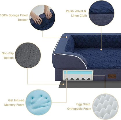 Casa Paw Orthopedic XL Dog Beds, Waterproof Memory Foam Big Pet Bed for Extra Large Sized Dogs 45x35Inch, Non-Slip Bottom and Egg-Crate Foam Dog Couch Bed with Washable Removable Cover, Navy Blue