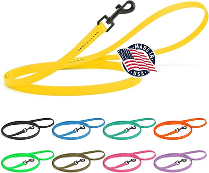 Dogline Biothane Waterproof 4ft Dog Leash Strong Coated Nylon Webbing with Black Hardware Odor-Proof Easy to Clean High Performance for Small or Large Dogs Made in USA 4ft Lead, Lemon Yellow