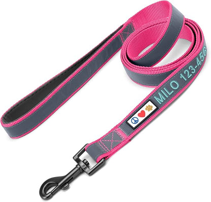 Pawtitas Personalized Pink Dog Leash 6 ft Custom ID Lead for Dogs & Puppies Reflective Comfortable Padded Handle Embroidered Name & Phone Number