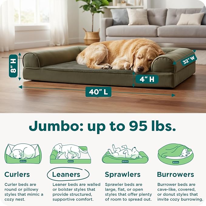 Furhaven Orthopedic Dog Bed for Large Dogs w/ Removable Bolsters & Washable Cover, For Dogs Up to 95 lbs - Faux Fur & Velvet Sofa - Dark Sage, Jumbo/XL