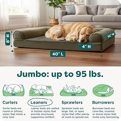 Furhaven Orthopedic Dog Bed for Large Dogs w/ Removable Bolsters & Washable Cover, For Dogs Up to 95 lbs - Faux Fur & Velvet Sofa - Dark Sage, Jumbo/XL