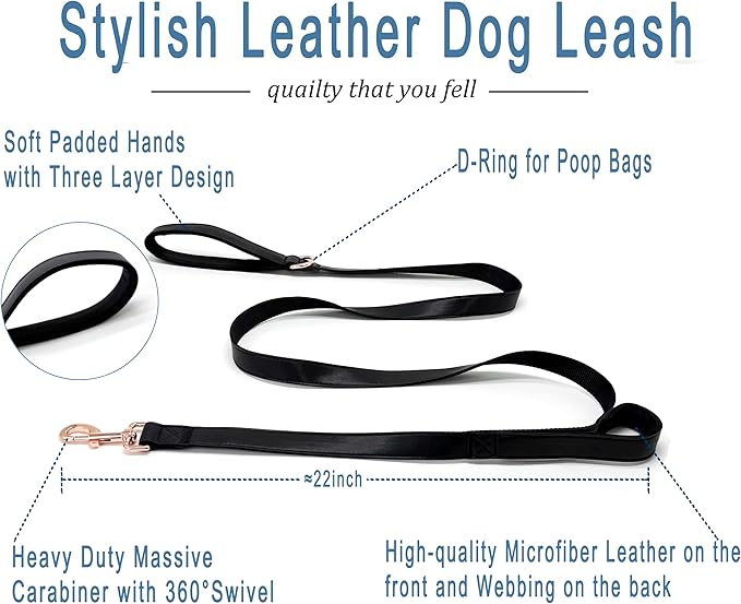 Dog Leash 6ft Long,Traffic Padded Two Handle,Heavy Duty,Double Handles Lead for Control Safety Training,Leashes for Large Dogs or Medium Dogs,Dual Handles Leads (Black, 25MM*6FT)