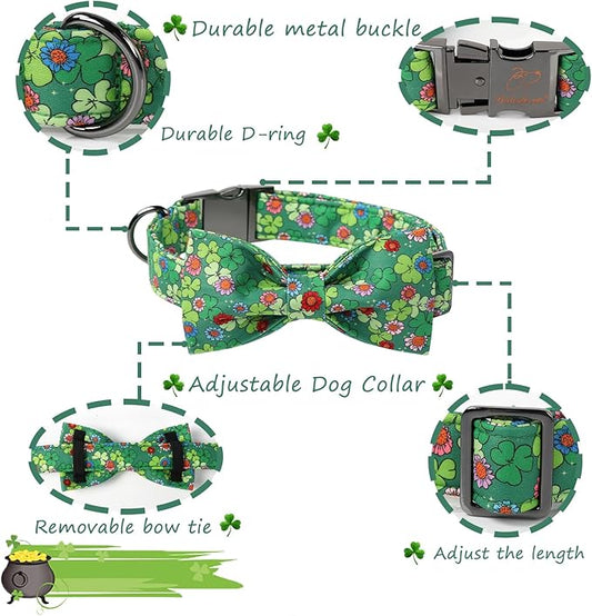 St Patricks Day Dog Collar with Bow Tie, Green Clover Bowtie Dog Collar with Metal Buckle, Adjustable Shamrock Pet Collar for Girls&Boys Dogs, X-Small