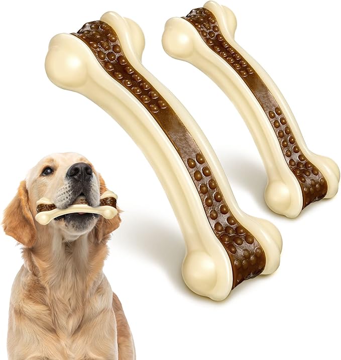Sosation Bones Shaped Dog Toys for Aggressive Chewers, 2 Pack Christmas Dog Chew Toys Puppy Teething Nylon Beef Flavor for Large/Medium/Small Puppies Breeds(Curved Bone,Large, Medium)
