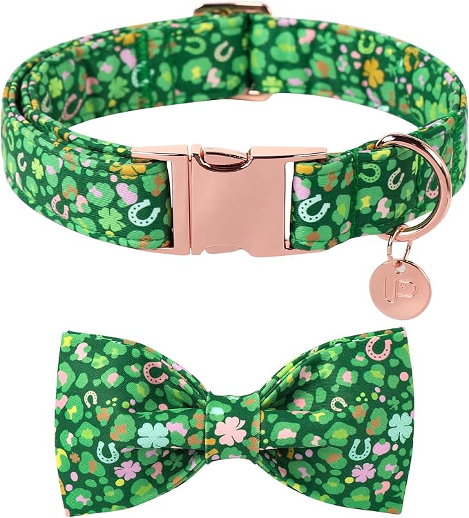 St. Patrick's Day Dog Collar with Bow Tie, Cotton St. Patrick's Day Bowtie Collar for Girl Boy Dog, Lucky Shamrock Dogs Collars with Metal Buckle, Spring, L, Neck 16-24in