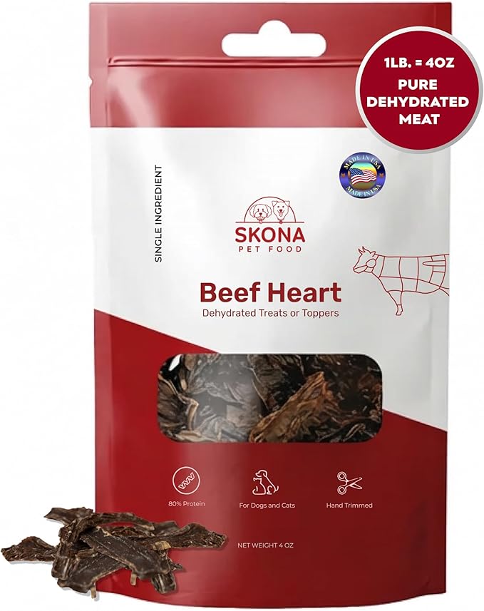 Skona PetFood Beef Heart Jerky Dog Treats & Cat Jerky Treats, High Protein, Single-Ingredient Training Snacks, Grain-Free, USA Made, Rich in Taurine, Supports Digestion & Dental Health, 4oz