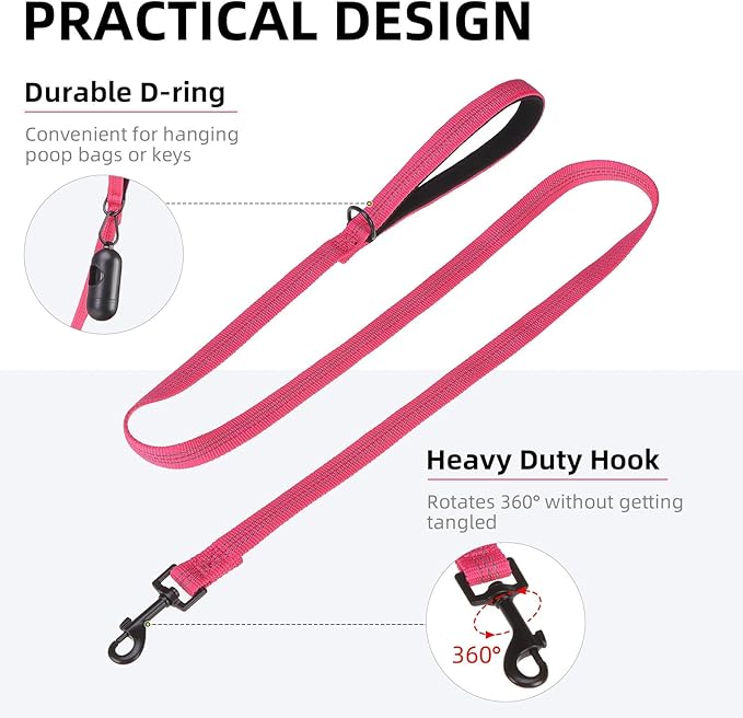PUPTECK Reflective Dog Leash with Comfortable Padded Handle Durable Nylon Dog Lead for Small Medium and Large Dogs Cats Walking Running Training Outside, Hot Pink, M