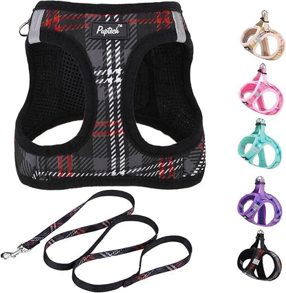 PUPTECK Dog Harness and Leash Set for Small Medium Dogs No Pull Step-in Soft Mesh Puppy Cat Vest Harnesses Reflective at Night, Plaid Pattern Black M