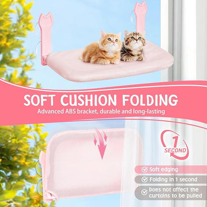 2 Pack Cat Window Perch,Cat Window Hammock Cordless Foldable Window Bed with 4 Large Strong Suction Cup,Reversible Cushion Cover,Metal Frame Easy to Adjust Window Seat Holds up to 40lbs(Pink，M)