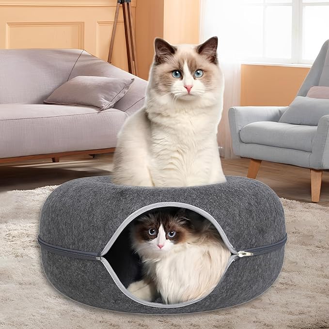 ZVGV 24inch-Tunnel Bed for Indoor,cattasaurus Peekaboo cat cave for Multiple,Detachable Felt Felt Washable Interior for Indoor Cats,Donut Tunnel (Light Gray)