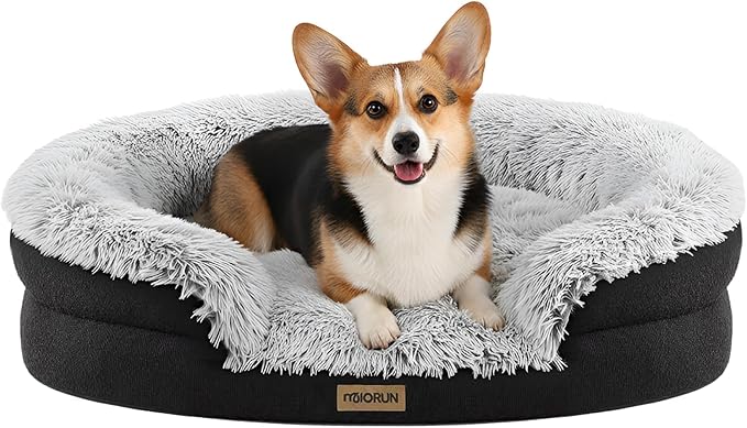 Miorun Fluffy Orthopedic Dog Bed for Small & Medium Dogs and Cats, Calming Plush Sofa Bed with Curved Bolster Support and Egg-Crate Foam Base, 35" Cozy Oval Pet Donut Bed with Washable Cover, Gray