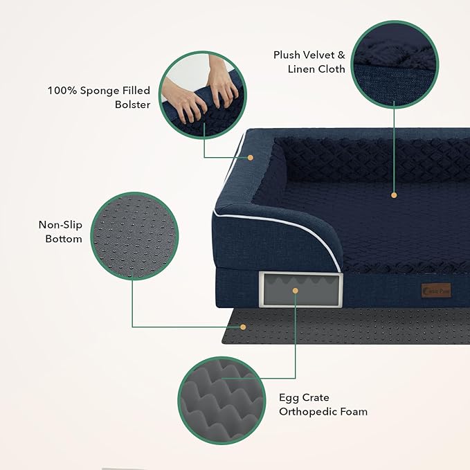 Casa Paw Orthopedic Dog Beds for Extra Large Sized Dogs, Waterproof Memory Foam XL Pet Bed with Sides 48x30Inch, Non-Slip and Egg-Crate Foam Big Dog Couch Bed with Removable Washable Cover, Navy Blue