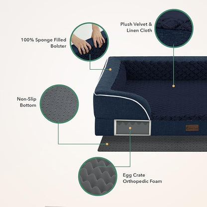 Casa Paw Orthopedic Dog Beds for Extra Large Sized Dogs, Waterproof Memory Foam XL Pet Bed with Sides 48x30Inch, Non-Slip and Egg-Crate Foam Big Dog Couch Bed with Removable Washable Cover, Navy Blue