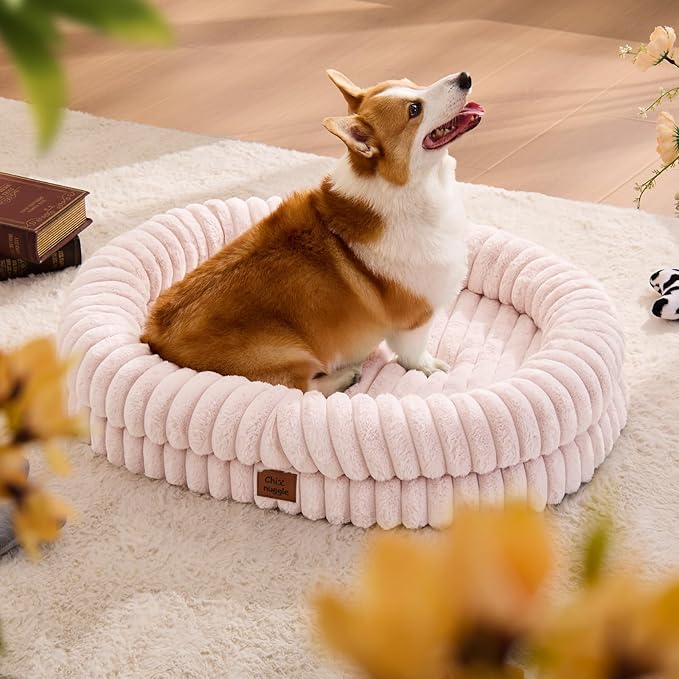 Dog Bed Large Sized Dog - Luxury Striped Faux Fur Waterproof Pet Couch with Removable Washable Cover, Orthopedic Pet Bed with Bolster Sides for Sleeping, Pink