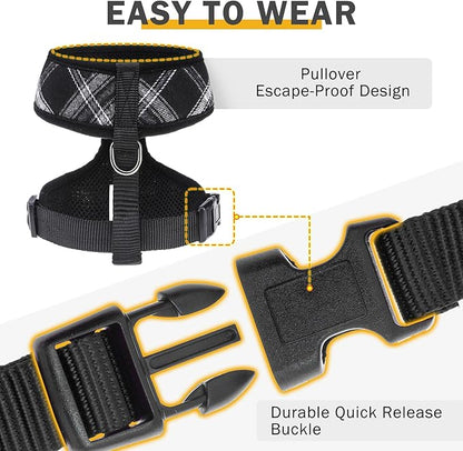SCENEREAL No Pull Dog Harness Collar and Leash Set Small Medium Sized Dog, Soft Mesh Step in Puppy Harnesses, No Chock Plaid Adjustable Pet Vest for Outdoor Walking Training and Running, Black M