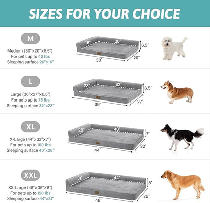 COZY KISS Orthopedic Dog Bed for Extra Large, XXL Dogs Bed, L Shaped Foam Anti-Slip Bottom Giant Pet Cat Sofa with Washable Cover, Suitable for Pet Up to 150 lbs, 48x35x8 inch, Grey ﻿