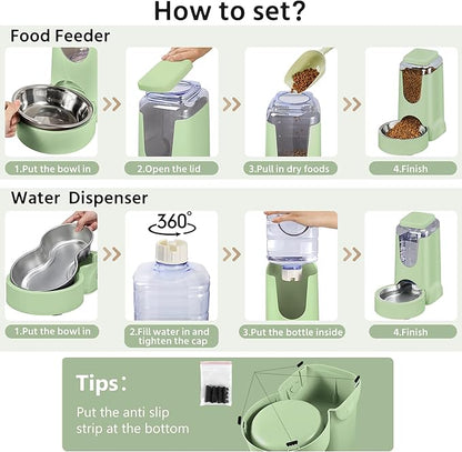 2 Pack Automatic Cat Feeder and Stainless Steel Water Dispenser, Gravity Dog Waterer Set Food Feeder and Waterer Set for Small Medium Kitten Puppy Pets(1 Gallon x 2, Green)