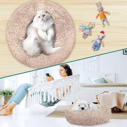PetAmi Calming Dog Bed for Small & Medium Dogs and Cats, 23” Round Donut Dog Bed, Washable Fluffy Faux Fur Puppy & Cat Bed, Anti-Anxiety Plush Cuddler Pet Bed with Anti-Slip Bottom - Taupe
