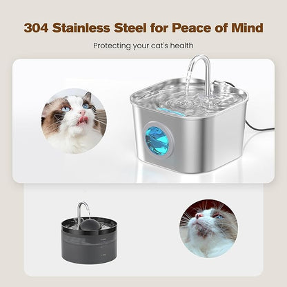 HOOISE Cat Water Fountain with 8 Filters + 5 Sponges,Small Pet Waterer Dispenser Fountains for Drinking Cats Indoor Metal Automatic Waterer Bowl 24/7 Running Auto Kitty Watering Supplies Quiet Pump