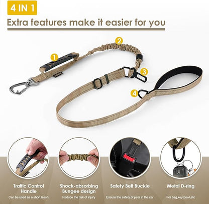 AUBELL Tactical Dog Leash Heavy Duty,4-6ft Reflective Strong No Pull Bungee Leash for Medium Large Dogs with Comfortable Padded Double Handle,Car Seat Belt,360 Degree Rotating Carabiner,Brown