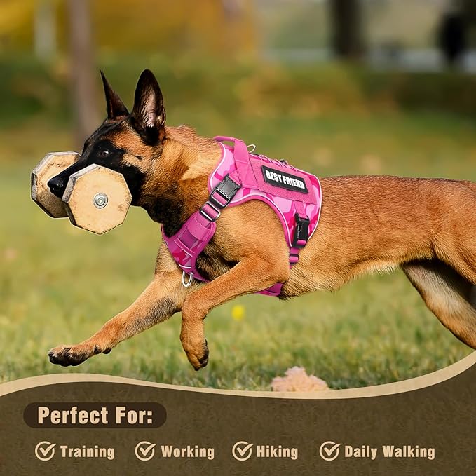 Tactical Dog Harness Medium Sized Dog,No Pull Military Dog Vest with Easy Control Handle&Molle,Adjustable Heavy Duty Pet Harness for K9 Working Hiking Training Daily Walking Camo Pink M