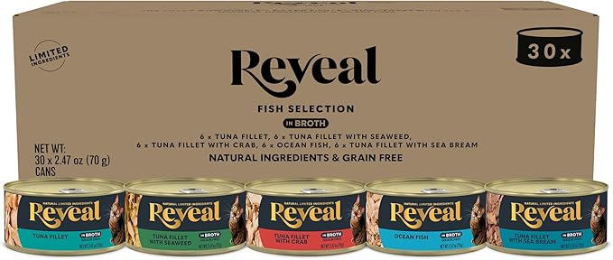 Reveal Natural Wet Canned Cat Food, 5-Flavor Variety Pack, Limited Ingredient, Grain Free, High Protein with No Artificial Additives, Fish Variety in Broth (20 x 2.47 oz Cans)