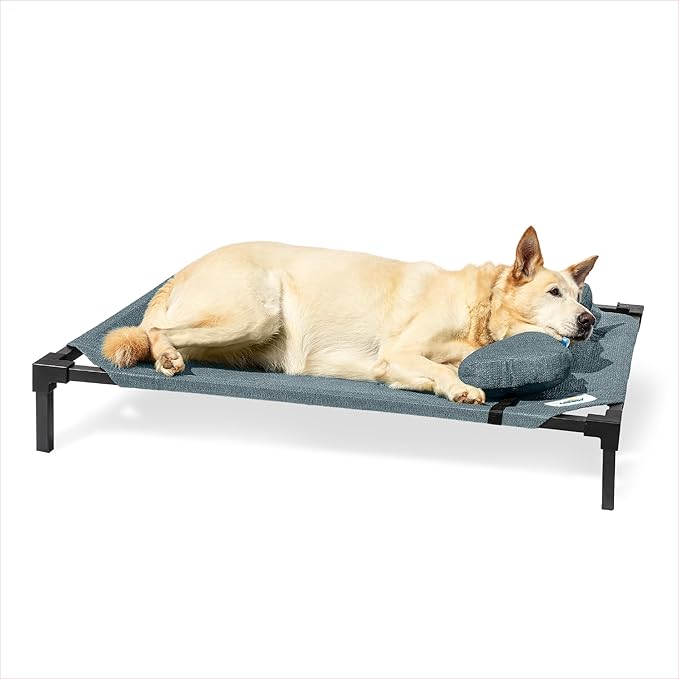 Coolaroo Pro Elevated Dog Bed with HeatShield Fabric – Advanced Cooling Raised Cot for Small & Medium Breeds, Easy-Clean, Low-to-Ground Access, Bonus Bolster Pillow – Pacific Crest Blue