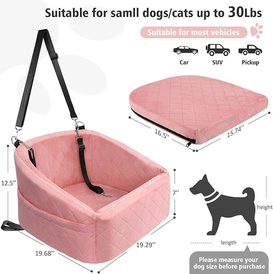 NEEZUKAR Dog Car Seat for Small Medium Dogs,Detachable Washable Dog Booster Seat Under 30lbs, Pet Car Seats Travel Bed with Storage Pockets and Safety Belt(Pink)
