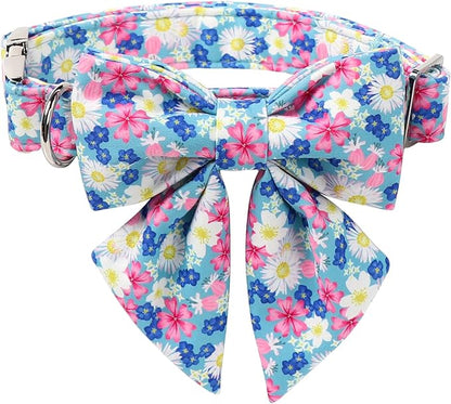 Lionet Paws Floral Dog Collar with Sailor Bow, Spring Wildflowers Daisy Forget Me Not Dog Collar Bow Tie for Large Dogs, Neck 16-24 inches