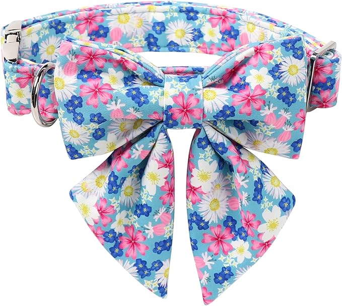 Lionet Paws Floral Dog Collar with Sailor Bow, Spring Wildflowers Daisy Forget Me Not Dog Collar Bow Tie for Dogs, Small, Neck 10-16 inches