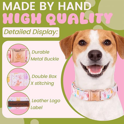 Elegant little tail Easter Dog Collar, Pink Bunny Pattern Floral Spring Pet Collars Gift Holiday Puppy Collars Soft Cotton Adjustable Dog Collar for Small Dogs