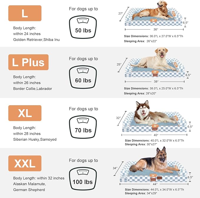 Large Dog Bed Orthopedic Washable: Beds Bolster XL Bed Medium Large Dogs Egg Crate Foam Couch Sofa Waterproof with Removable Cover - Blue Grid