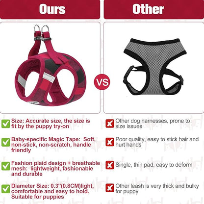 BEAUTYZOO Small Dog Harness and Leash Set,Step in No Choke No Pull Soft Mesh Dog Harnesses Reflective for Extra-Small/Small Medium Puppy Dogs and Cats, Plaid Dog Vest Harness for XS S Pets, Red, XXS