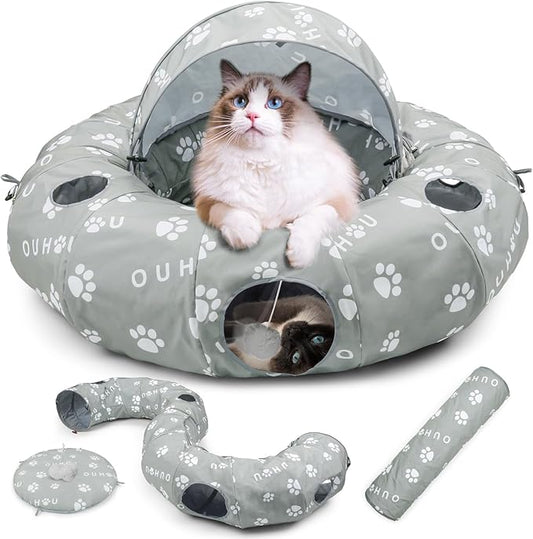 OUHOU Cat Tunnel Bed for Indoor Cats, Donut Tunnel with Mat, Straight Tunnel, 4 Hanging Balls and Blackout Tent, Collapsible Peekaboo Cat Cave