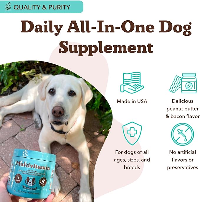 Natural Dog Company 25-in-1 Multivitamin for Dogs – Vet-Formulated Soft Chews for Puppies, Adults & Seniors, Supports Joints, Skin, Coat, Immune & Heart Health, NASC Certified, 180 Count