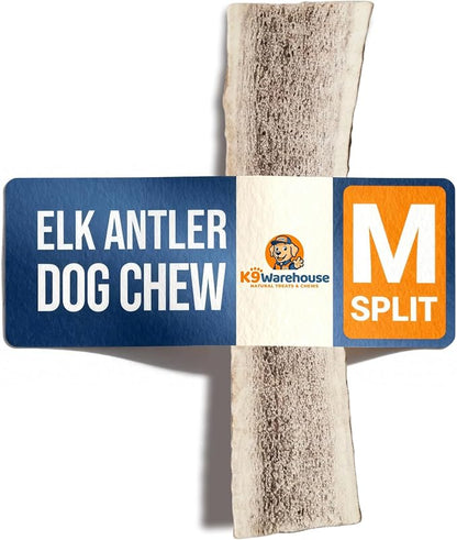 K9warehouse Natural Split Elk Antlers for Dogs - Premium Grade Dog Antler Chews - Long-Lasting Deer Antles Ideal for Aggressive Chewers - Safe USA Sourced Chew for Medium and Large Dogs - 1 Pack