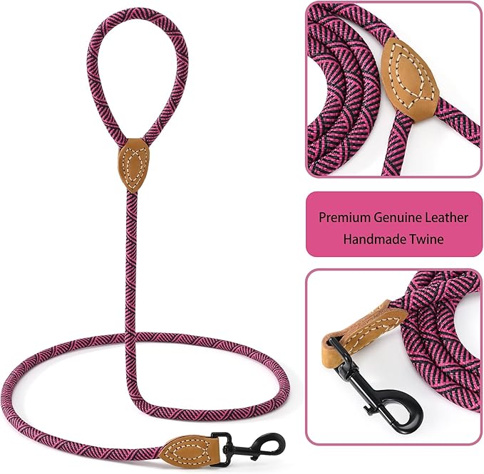 Mile High Life Rope Leash with Genuine Leather Connection, 6 FT/5 FT/4 FT, Heavy Duty Leash for Medium & Large Dogs (Hot Pink, 48 Inch)