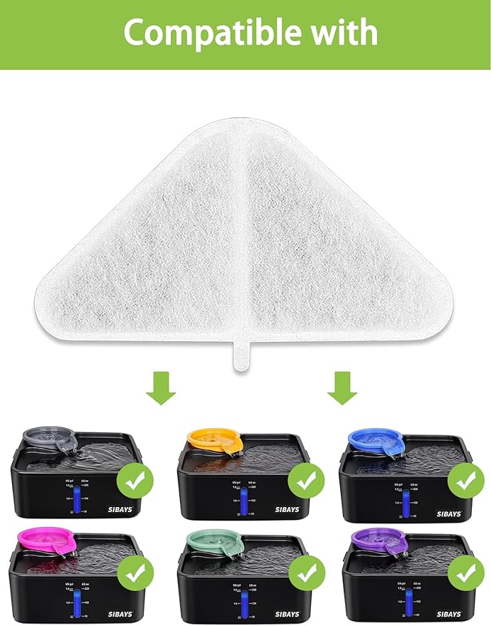 SIBAYS Cat Water Fountain Filters, Replacement Water Fountain Filters for 230oz/7L Pet Water Fountains, Made of Food Grade Activated Carbon and PP Cotton, 6pcs Filter + 6pcs Mesh + 6pcs Sponge