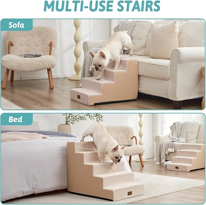 COZY KISS Dog Stairs for Small Dogs, 5 Tier Wider Pet Stairs for High Beds, 23.6" H Non-Slip Dog Steps for Old Cats, Puppies, Small Medium Dogs, 19.7x29.5x23.6 inch, Beige