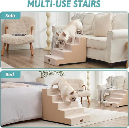 COZY KISS Dog Stairs for Small Dogs, 5 Tier Wider Pet Stairs for High Beds, 23.6" H Non-Slip Dog Steps for Old Cats, Puppies, Small Medium Dogs, 19.7x29.5x23.6 inch, Beige