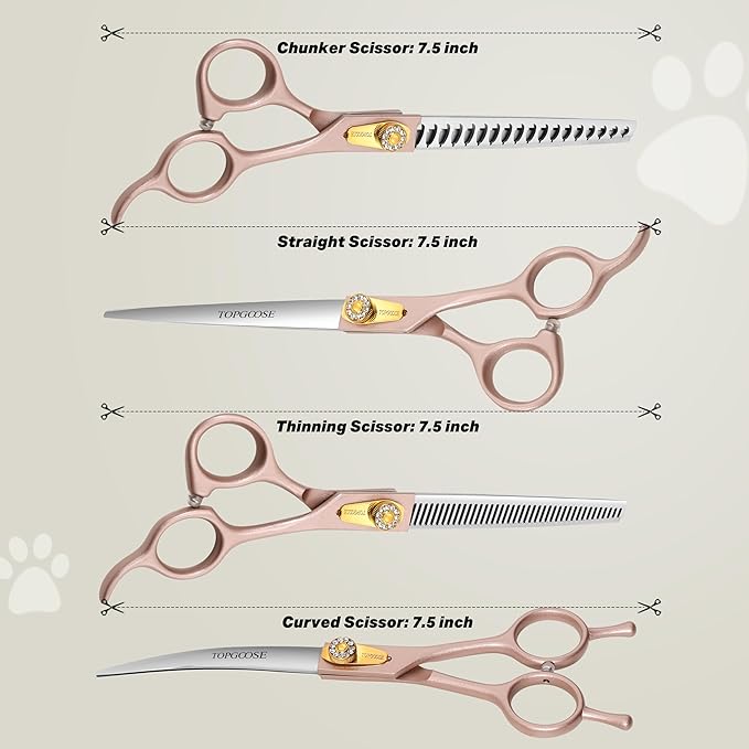 TOPGOOSE 7.5‘’ Professional Dog Grooming Scissors Set 440C Stainless Steel Straight Thinning Curved Chunker Shears 4PCS Set for Pet Grooming Services Dogs and Cats (Rose Gold, Set)